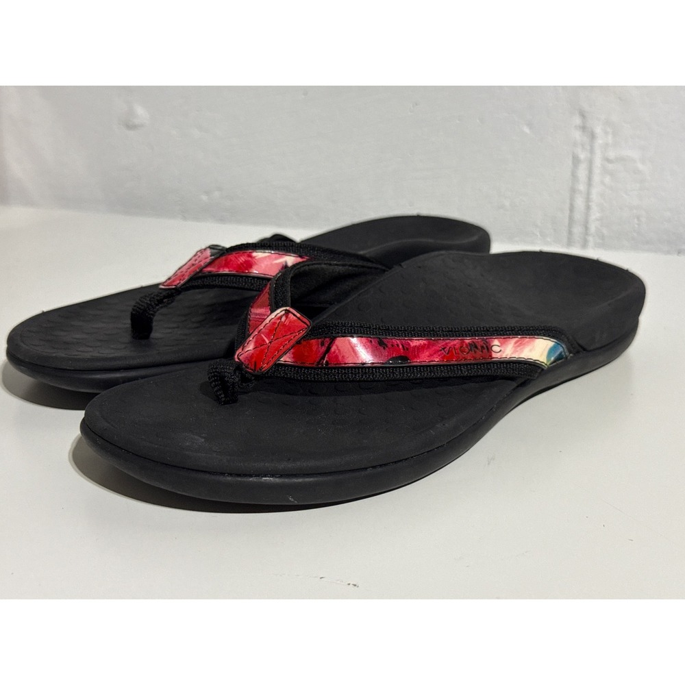 Vionic Bella Womens Size 8 Thong Sandals Black Red Floral Orthotic Comfort
